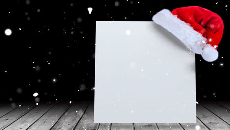 Animation-of-snow-falling-over-white-card-with-copy-space,-christmas-sant-claus-hat