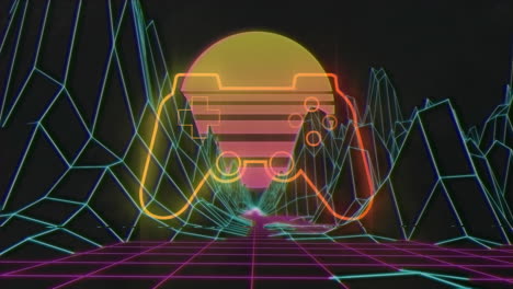 Animation-Eines-Neon-Videospielpads-Und-Eines-Gitters-Auf-Dunklem-Hintergrund