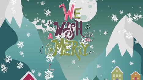 Animation-of-we-wish-a-merry-christmas-text-and-snow-falling-over-winter-scenery