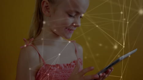 Animation-of-network-of-connected-circles-over-happy-caucasian-girl-using-smartphone