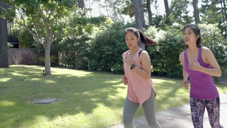 Happy-asian-female-friends-running-in-garden-on-sunny-day,-slow-motion
