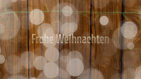 Animation-of-frohe-weihnachten-text,-spots-of-light-over-christmas-fairy-lights-decorations