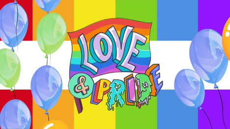 Animation-of-love-and-pride-text-and-balloons-on-rainbow-background