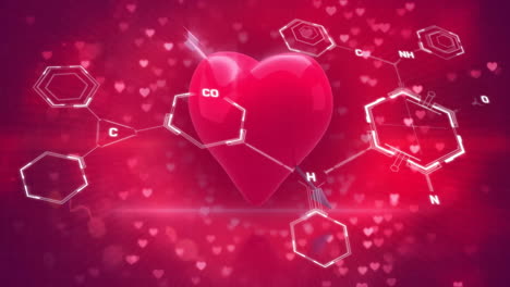 Animation-of-chemical-formula-over-heart-with-arrow-on-red-background