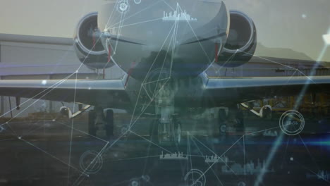 Animation-Verbundener-Punkte-Und-Diagramme-über-Einer-Nahaufnahme-Eines-Geparkten-Flugzeugs-Am-Flughafen