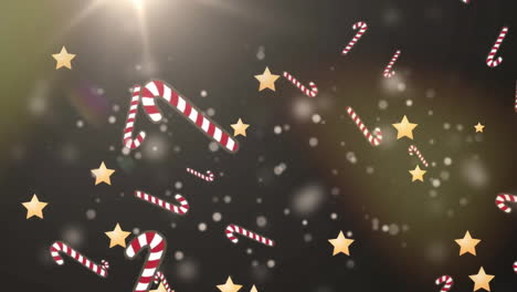 Animation-of-falling-stars-and-candy-canes-over-light-orbs-on-black-background