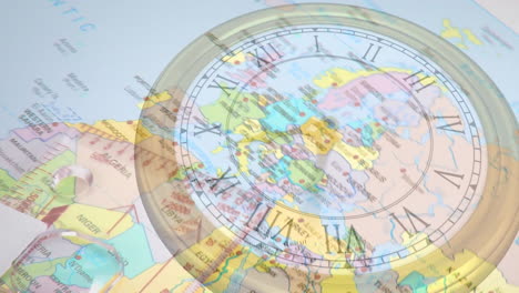 Animation-of-clock-over-world-map-with-copmass
