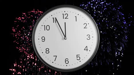 Animation-of-clock-ticking-showing-midnight-with-fireworks-on-black-background