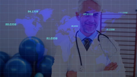 Animation-of-financial-data-processing-and-world-map-over-caucasian-male-doctor-with-stethoscope