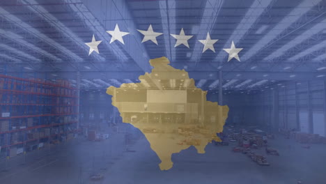 Animation-Der-Flagge-Des-Kosovo-über-Einem-Gabelstapler-Im-Lagerhaus