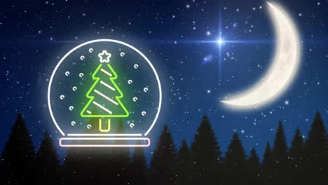 Animation-of-neon-christmas-tree-and-crescent-moon-in-winter-scenery-background