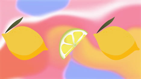 Animation-of-cut-lemons-falling-on-colourful-background