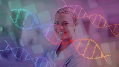 Animation-of-dna-strands-over-biracial-female-doctor-in-hospital