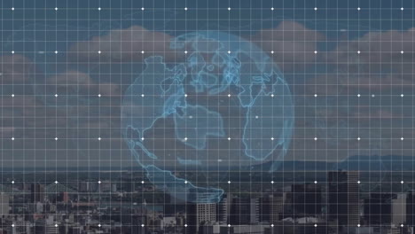 Animation-of-globe-and-data-processing-over-cityscape