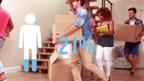 Animation-of-man-icon-and-percent-in-blue-over-diverse-couple-moving-in-with-cardboard-boxes