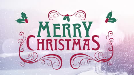 Animation-of-merry-christmas-text-and-snow-falling-over-winter-scenery