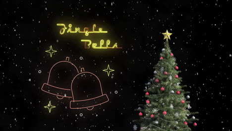 Animación-Del-Texto-De-Cascabeles-Sobre-El-árbol-De-Navidad-En-El-Fondo-Del-Paisaje-Invernal