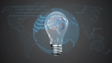Animation-of-data-processing-over-globe-and-light-bulb-on-grey-background