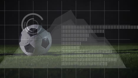 Animation-Der-Verarbeitung-Finanzieller-Daten-über-Den-Beinen-Eines-Männlichen-Fußballspielers-Mit-Ball