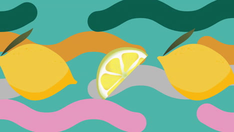 Animation-of-rows-of-lemons-over-abstract-vibrant-pattern