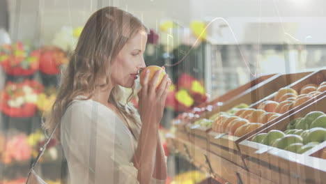 Animation-of-financial-data-processing-over-caucasian-woman-shopping-in-grocery-store
