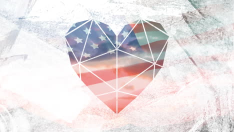 Animation-of-diamond-heart-and-paper-texture-over-american-flag-and-sunset-sky