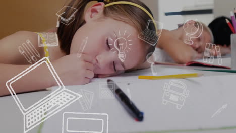 Animation-of-education-school-icons-over-diverse-school-children-sleeping-on-desks-in-classroom