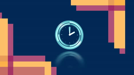 Animation-of-digital-clock-in-multicolored-frames-against-blue-background