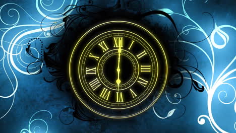 Animation-of-clock-showing-midnight-and-spots-of-light-on-floral-background