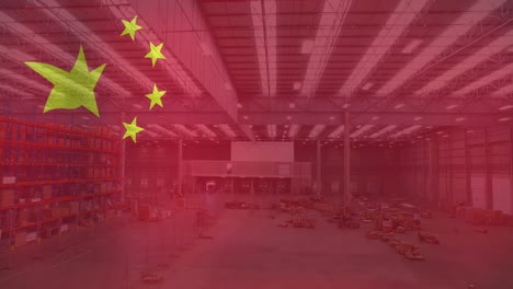 Animation-Der-Flagge-Chinas-über-Einem-Großen-Warenlager