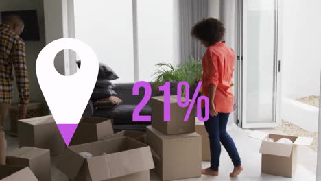 Animation-of-purple-location-pin-and-percent-over-african-american-family-with-boxes-in-new-home