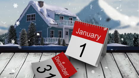 Animación-De-Las-Páginas-Del-Calendario-Del-31-De-Diciembre-Y-Del-1-De-Enero-En-Un-Paisaje-Invernal