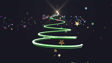 Animation-Von-Weihnachtsbaum-Und-Sternen,-Die-Auf-Schwarzen-Hintergrund-Fallen