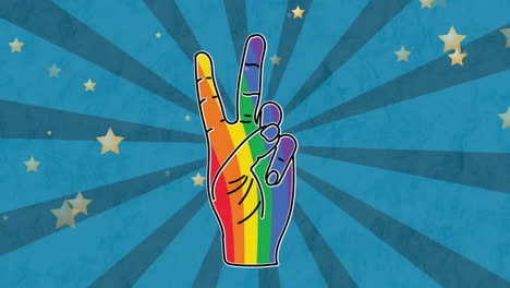 Animation-of-rainbow-color-hand-with-victory-gesture-over-stars-and-spiral-pattern