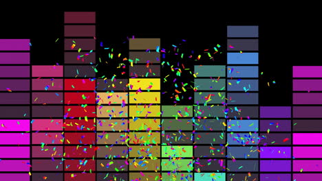 Animation-of-confetti-and-graphic-equalizer-lights-on-black-background