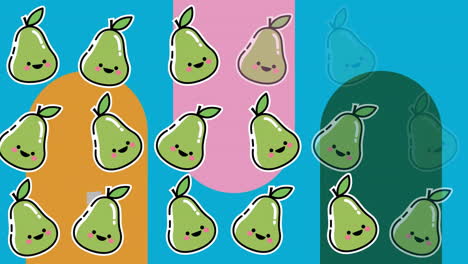 Animation-of-pear-icons-over-colourful-shapes-on-blue-background