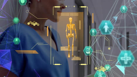 Animation-of-scanner-processing-skeleton-and-network-of-medical-icons-over-caucasian-female-doctor
