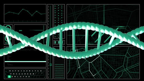 Animation-Eines-DNA-Strangs,-Der-Sich-über-Der-Datenverarbeitung-Auf-Schwarzem-Hintergrund-Dreht