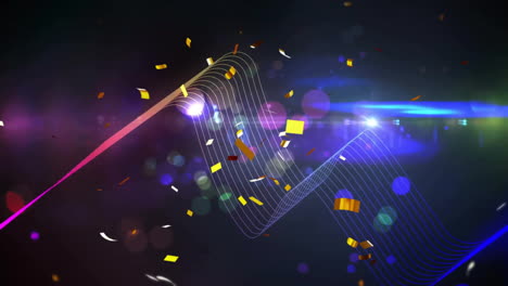 Animation-of-confetti-falling-over-multi-coloured-light-trails-on-black-background