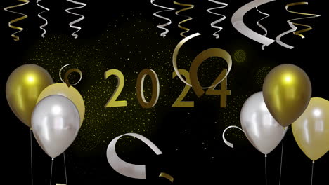 Animation-Von-Goldenen-Und-Silbernen-Luftballons-Mit-Der-Jahreszahl-2024-Und-Party-Luftschlangen-Auf-Schwarzem-Hintergrund