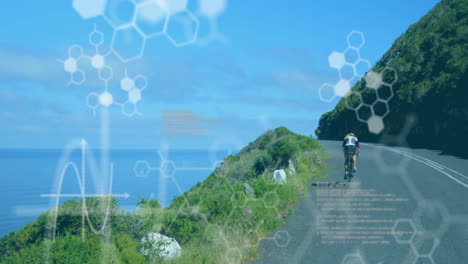 Animation-of-chemical-models-and-data-processing-over-caucasian-woman-riding-bicycle-at-sea