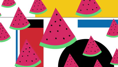 Animation-of-watermelon-over-colourful-shapes-on-white-background