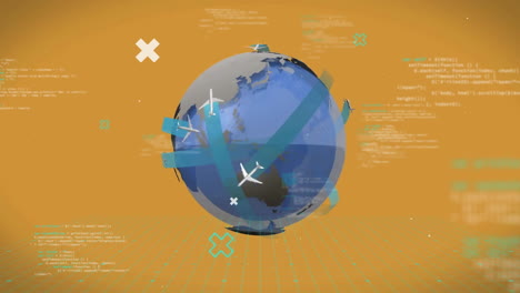 Animation-of-globe-with-planes-and-data-processing-over-yellow-background