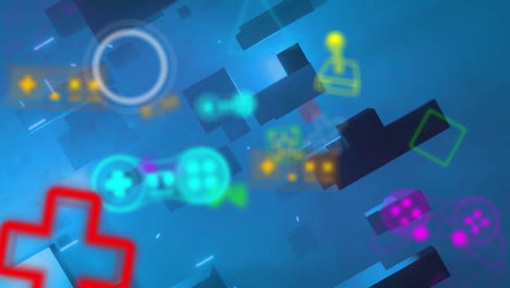 Animation-Von-Rosa-Und-Blauen-Neonstrichen-über-Videospiel-Controllern,-Symbolen-Und-Blöcken-Auf-Blauem