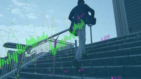 Animation-of-financial-data-processing-over-asian-businessman-walking-stairs