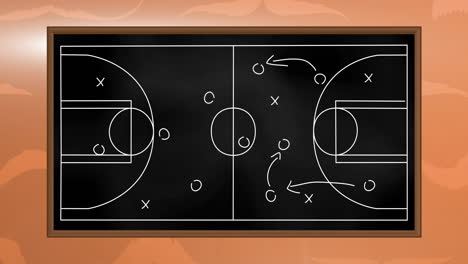 Animation-of-game-plan-drawn-with-chalk-on-basketball-court-against-abstract-background
