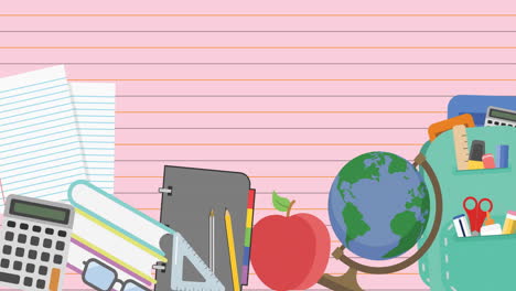 Animation-Von-Büchern,-Globus,-Schreibwaren,-Apfel-Und-Schultasche-über-Einer-Linierten-Rosa-Notizbuchseite