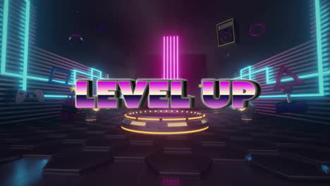 Animation-Von-Gaming-Symbolen-Und-Level-Up-Text-über-Neonformen