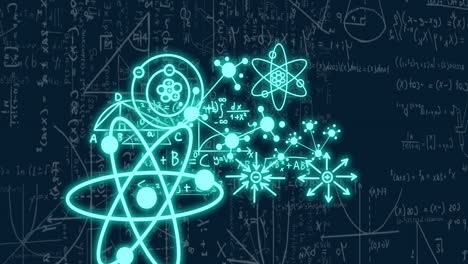 Animation-of-chemical-formula-and-mathematical-equations-on-black-background