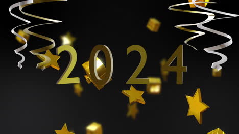 Animation-of-2024-party-streamers-and-stars-on-black-background